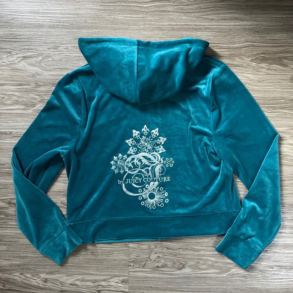 Juicy Couture Teal Velour Zip Up Hoodie Silver Crown Graphic XL - Picture 2 of 7